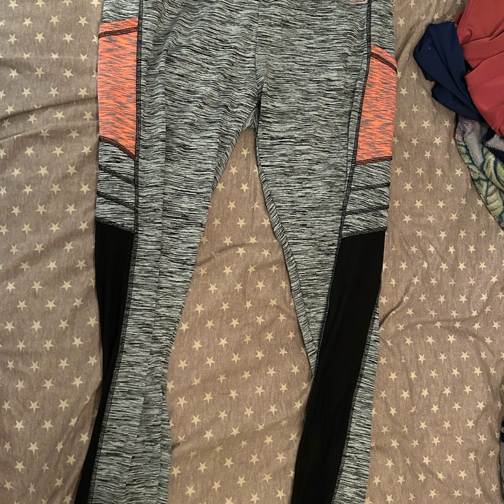 Gray and Black Leggings with Orange Accents